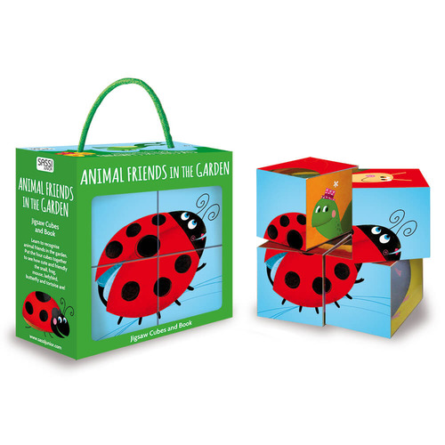 Animal friends in the garden. Jigsaw cubes and book