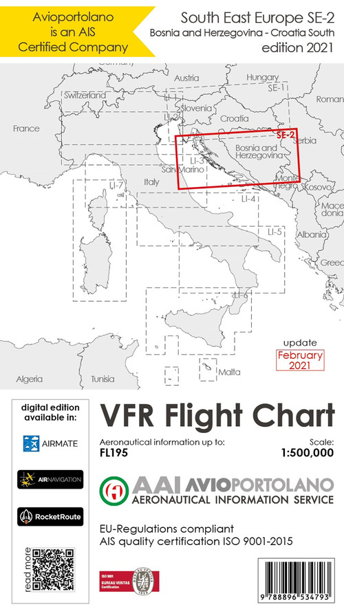 Avioportolano. VFR flight chart SE 2. South East Europe. Croatia south, Bosnia and Herzegovina. ICAO annex 4 - EU-Regulations compliant. Ediz. italiana e inglese
