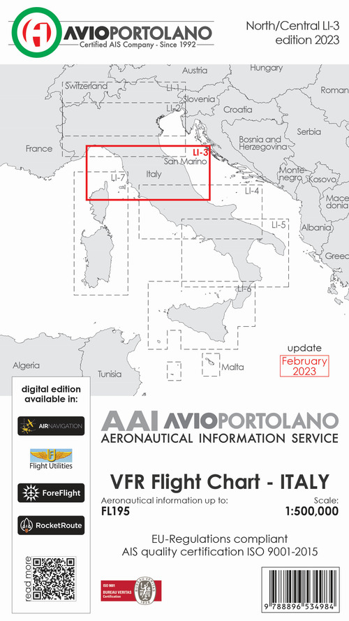 Avioportolano. VFR flight chart LI 3 Italy north-central. ICAO annex 4-EU-Regulations compliant