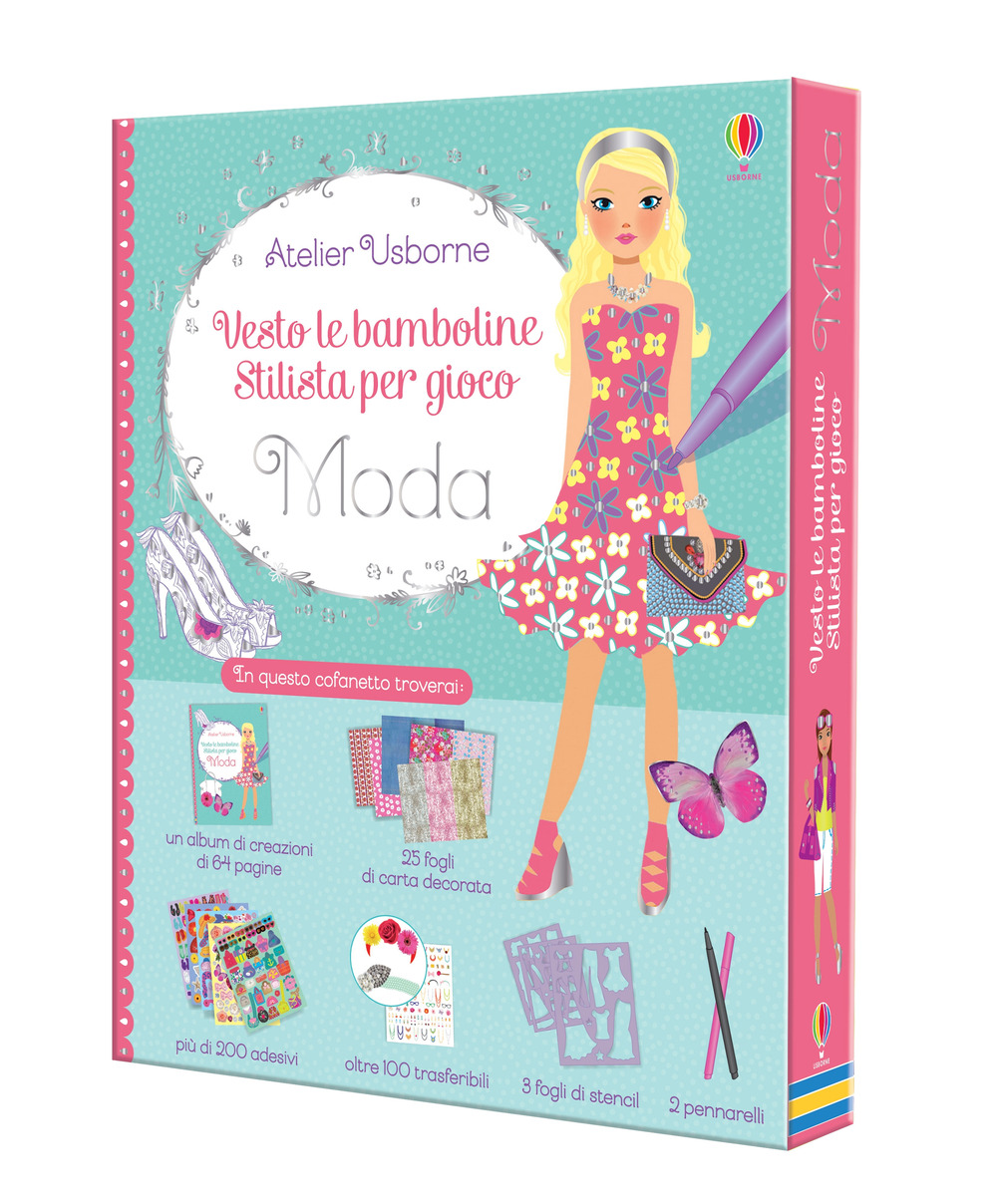 Moda. Vesto le bamboline. Stilista per gioco. Con gadget. Con Adesivi