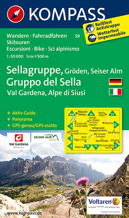 Carta escursionistica n. 59. Gruppo del Sella, Val Gardena, Alpe di Siusi-Sellagruppe, Gröden, Seiser Alm 1:50.000. Ediz. bilingue