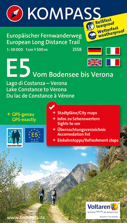 Carta Tour n. 2558 - E5 Dal Lago di Costanza fino a Verona 1:50.000. Ediz. tedesca, italiana, inglese e francese