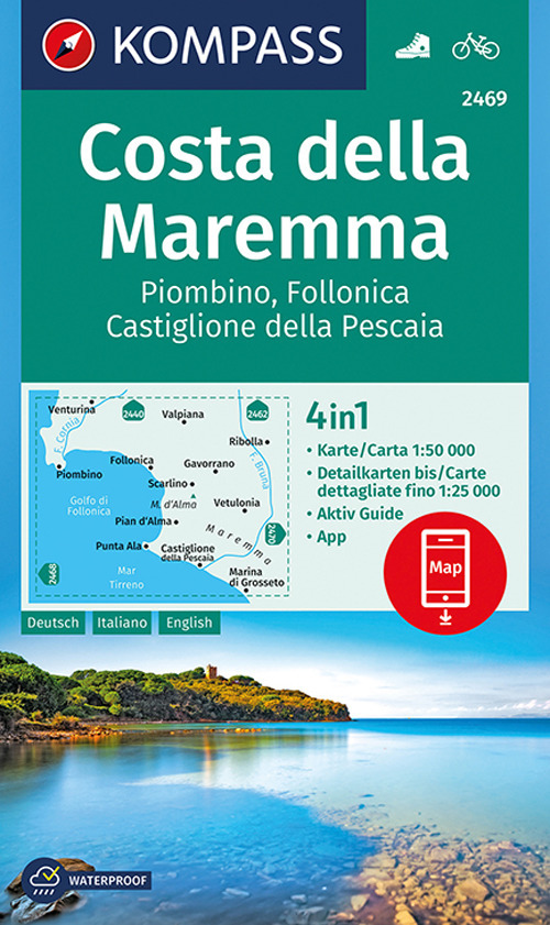 Carta escursionistica n. 2469. Costa della Maremma, Piombino, Follonica Castiglione della Pescaia 1:50.000. Ediz. italiana, tedesca e inglese