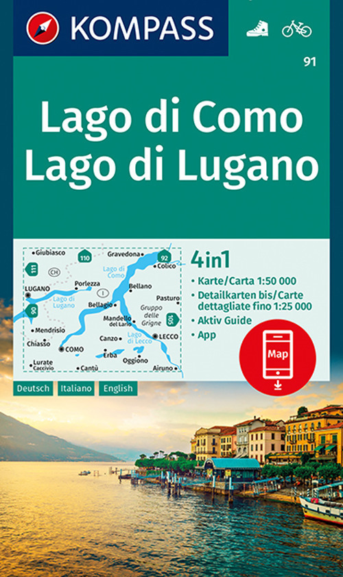 Carta escursionistica n. 91. Lago di Como, Lago di Lugano, 1:50.000. Ediz. italiana, tedesca e inglese