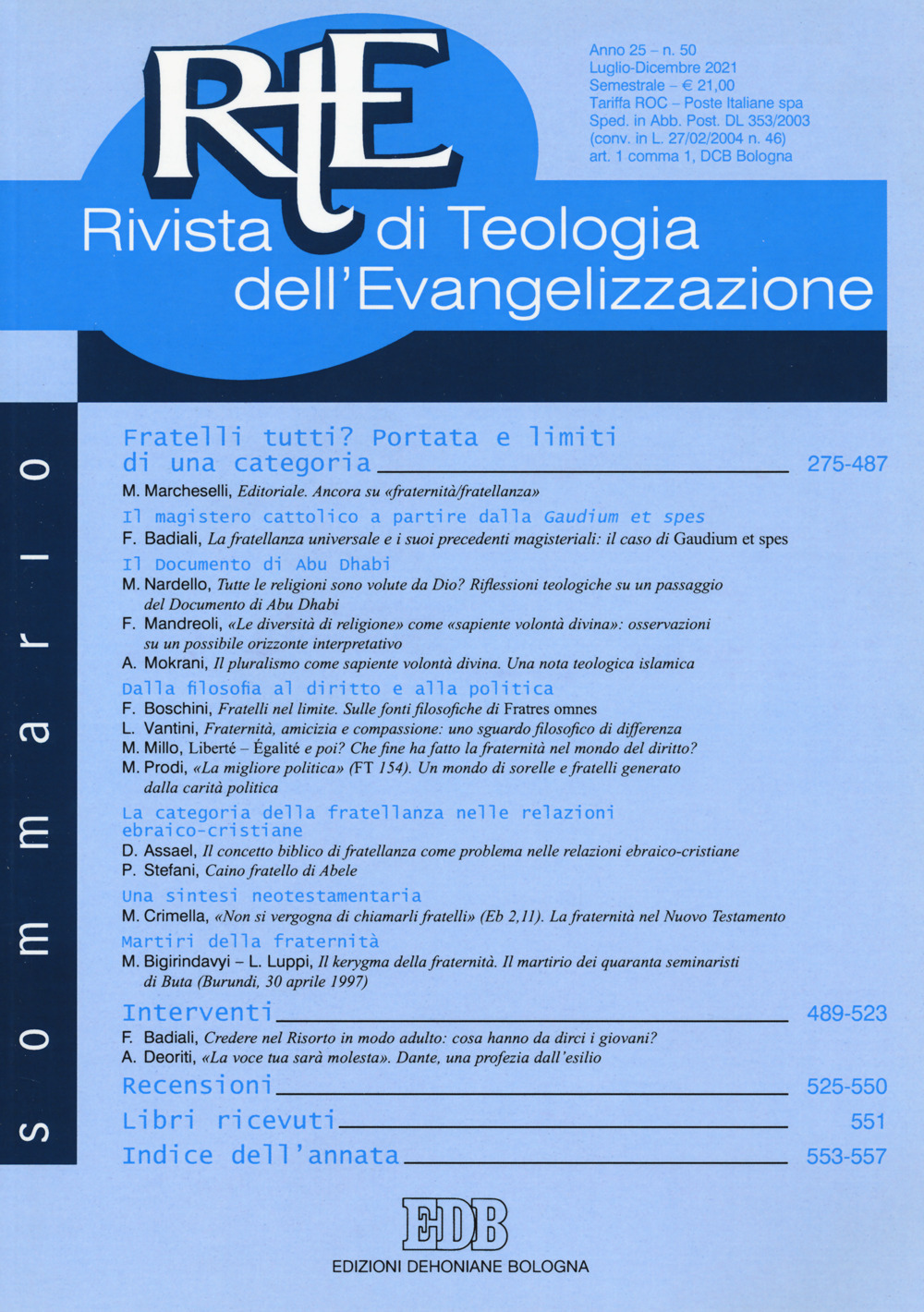 RTE Rivista di teologia dell'evangelizzazione (2021). Vol. 50