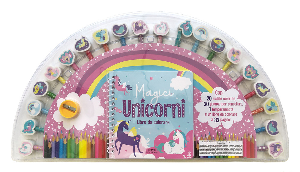 Magici unicorni. Ediz. illustrata. Con 20 gomme per cancellare. Con 10 matite colorate. Con 10 matite grigie. Con temperamatite