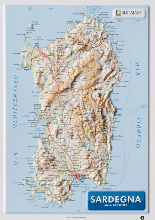 Sardegna 1:1.000.000 (carta in rilievo da banco con cornice cm 31,2x22,55)