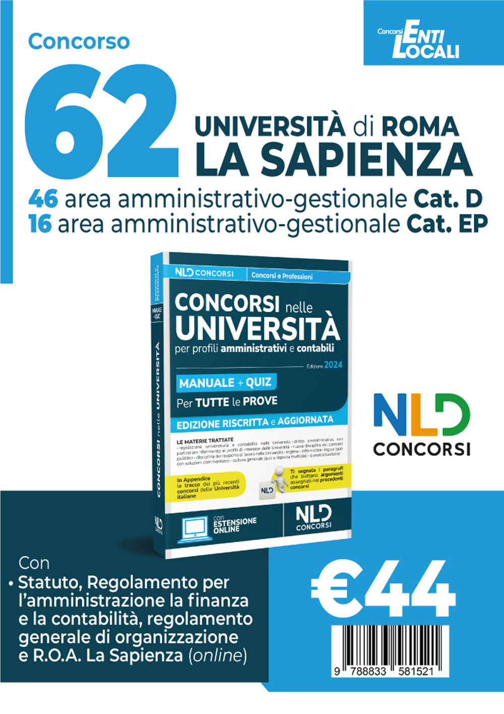 62 posti Università «La Sapienza» di Roma. Concorso area amministrativo-gestionale. Profili D e EP. Manuale + Quiz 2024