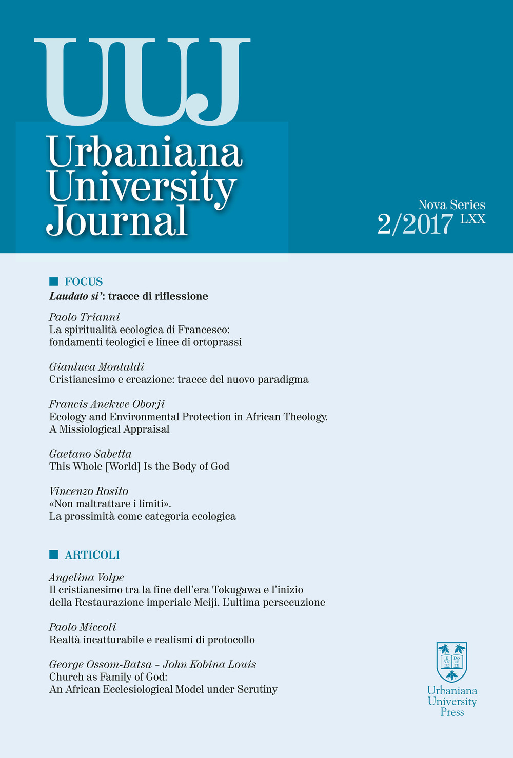 Urbaniana University Journal. Euntes Docete (2017). Vol. 2: Laudato si': tracce di riflessione