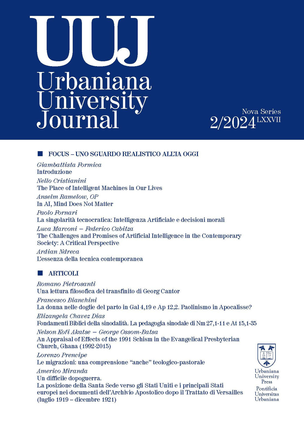 Urbaniana University Journal (2024). Vol. 2: Uno sguardo realistico all'odierna IA