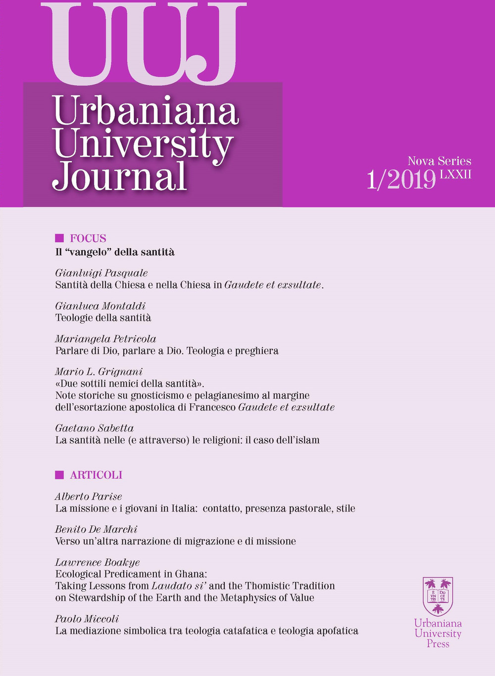 Urbaniana University Journal. Euntes Docete (2019). Vol. 1: Il Vangelo della santità