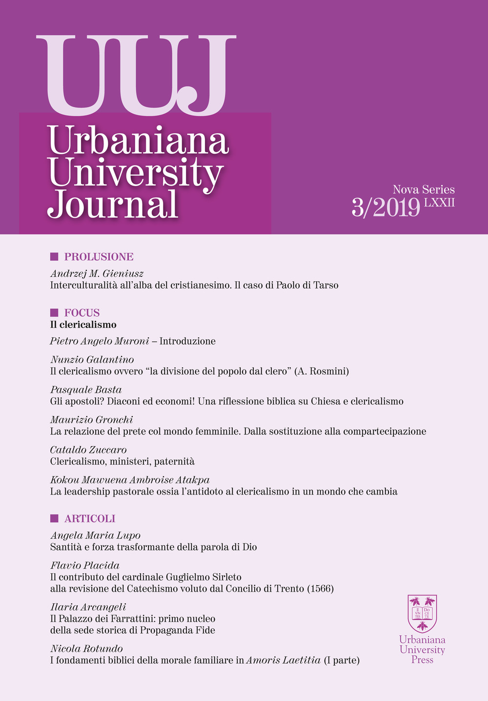 Urbaniana University Journal. Euntes Docete (2019). Vol. 3: Il clericalismo