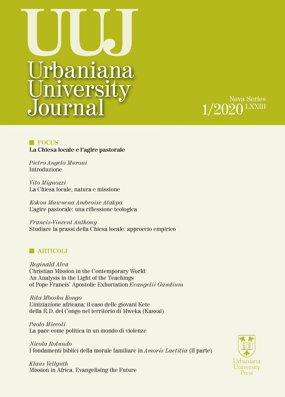 Urbaniana University Journal. Euntes Docete (2020). Vol. 1: La Chiesa locale e l'agire pastorale