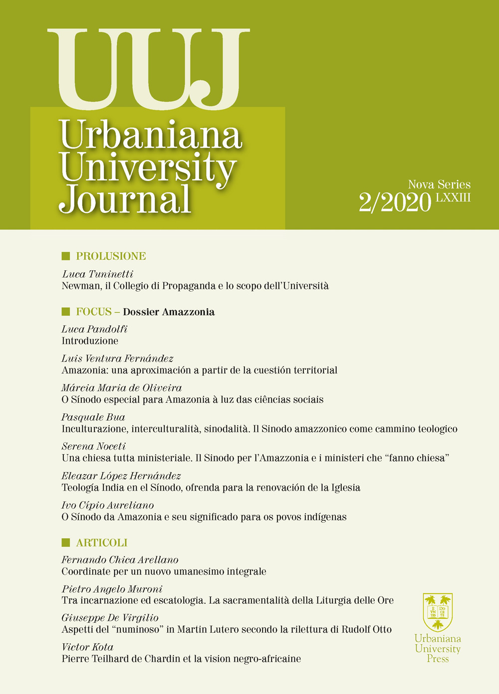 Urbaniana University Journal. Euntes Docete (2020). Vol. 2: Dossier Amazzonia