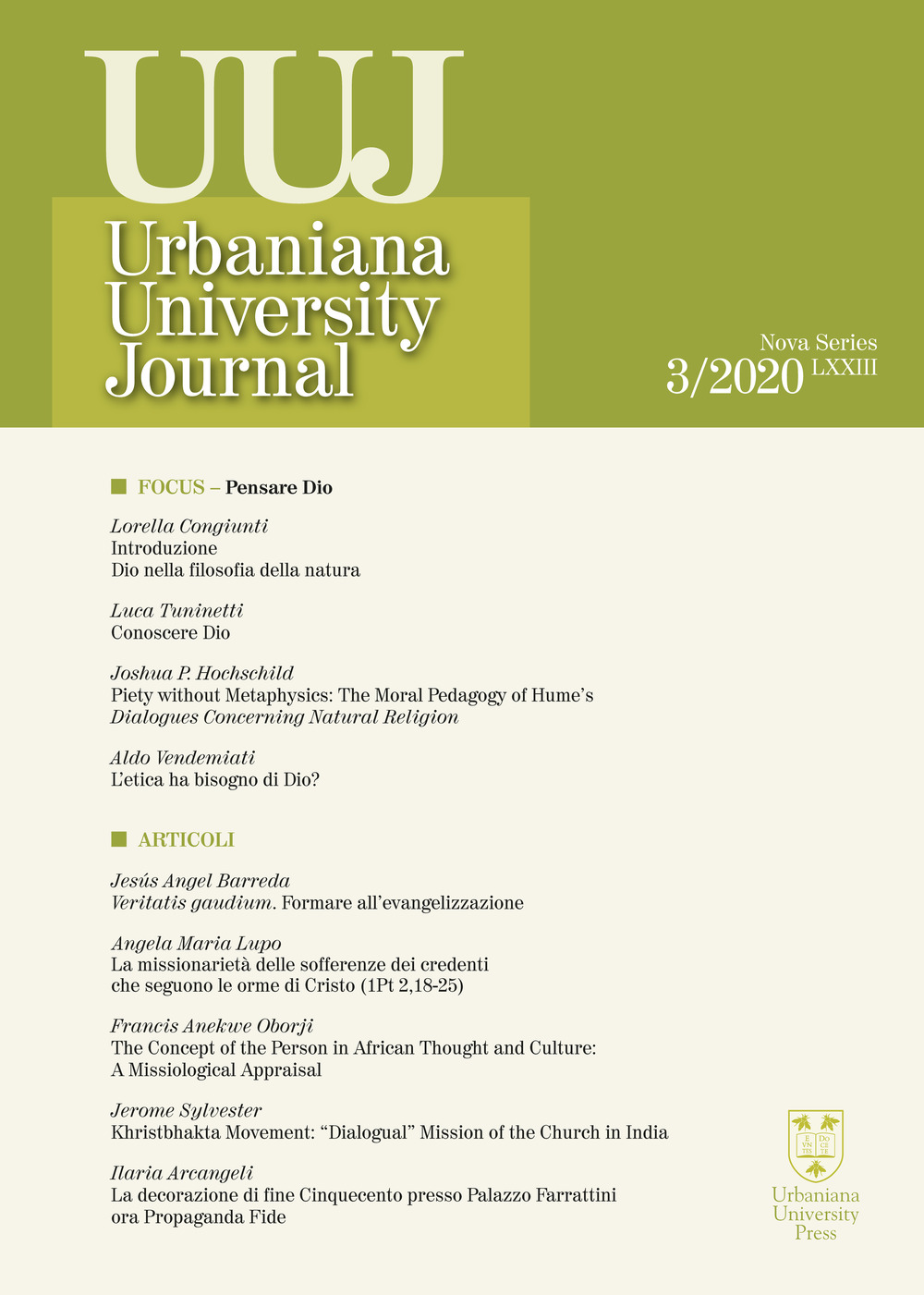 Urbaniana University Journal. Euntes Docete (2020). Vol. 3: Focus. Pensare Dio