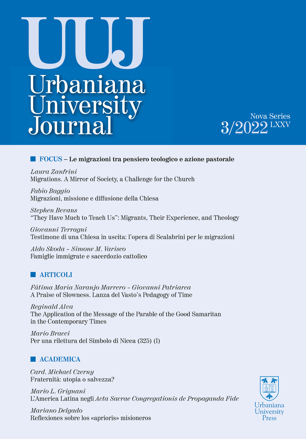 Urbaniana University Journal. Euntes Docete (2022). Vol. 3: Focus. Le migrazioni tra pensiero teologico e azione pastorale
