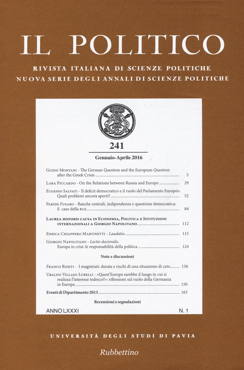 Il politico. Rivista italiana di scienze politiche (2016). Vol. 1