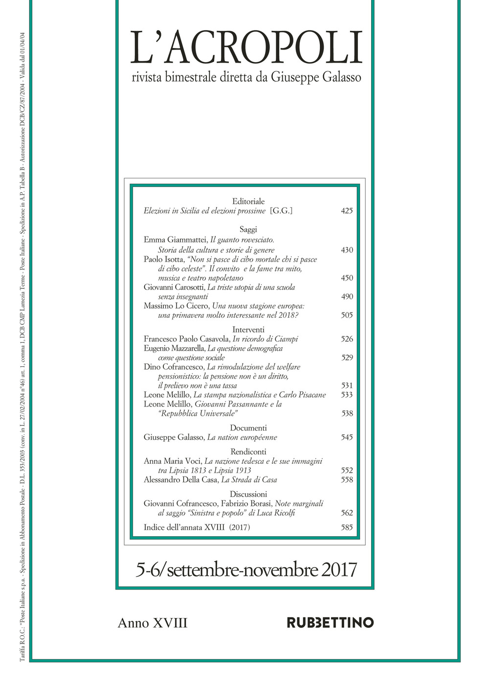 L'acropoli (2017). Vol. 5-6: Settembre-novembre