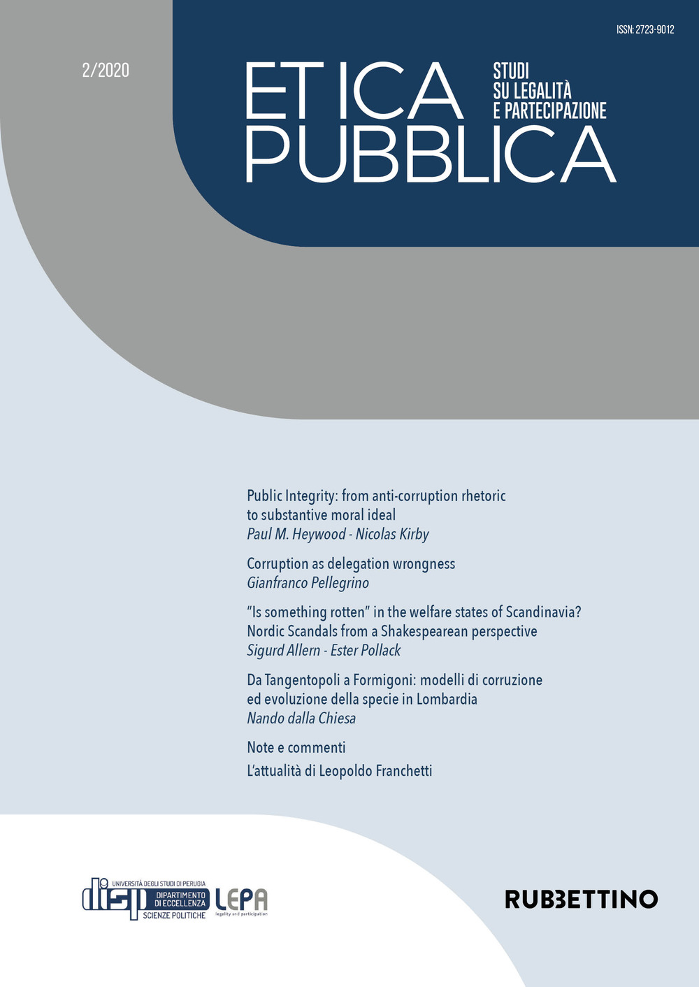 Etica pubblica. Studi su legalità e partecipazione (2020). Vol. 2
