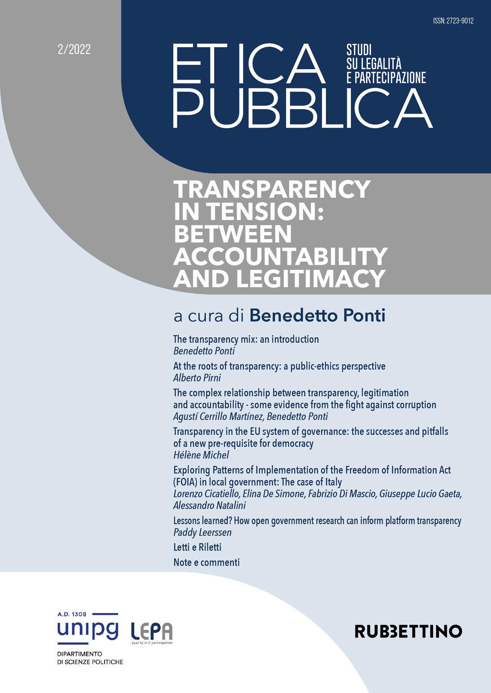 Etica pubblica. Studi su legalità e partecipazione (2022). Vol. 2: Transparency in tension: between accountability and legitimacy