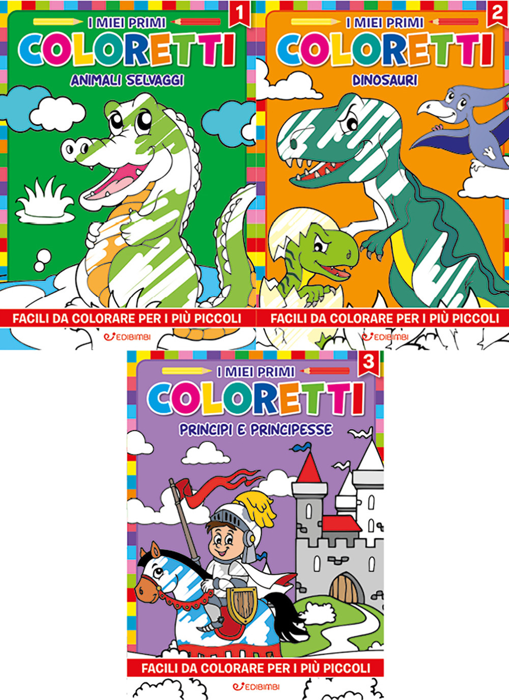 I miei primi coloretti. Ediz. illustrata. Vol. 1-3: Animali selvaggi-Dinosauri-Principi e principesse