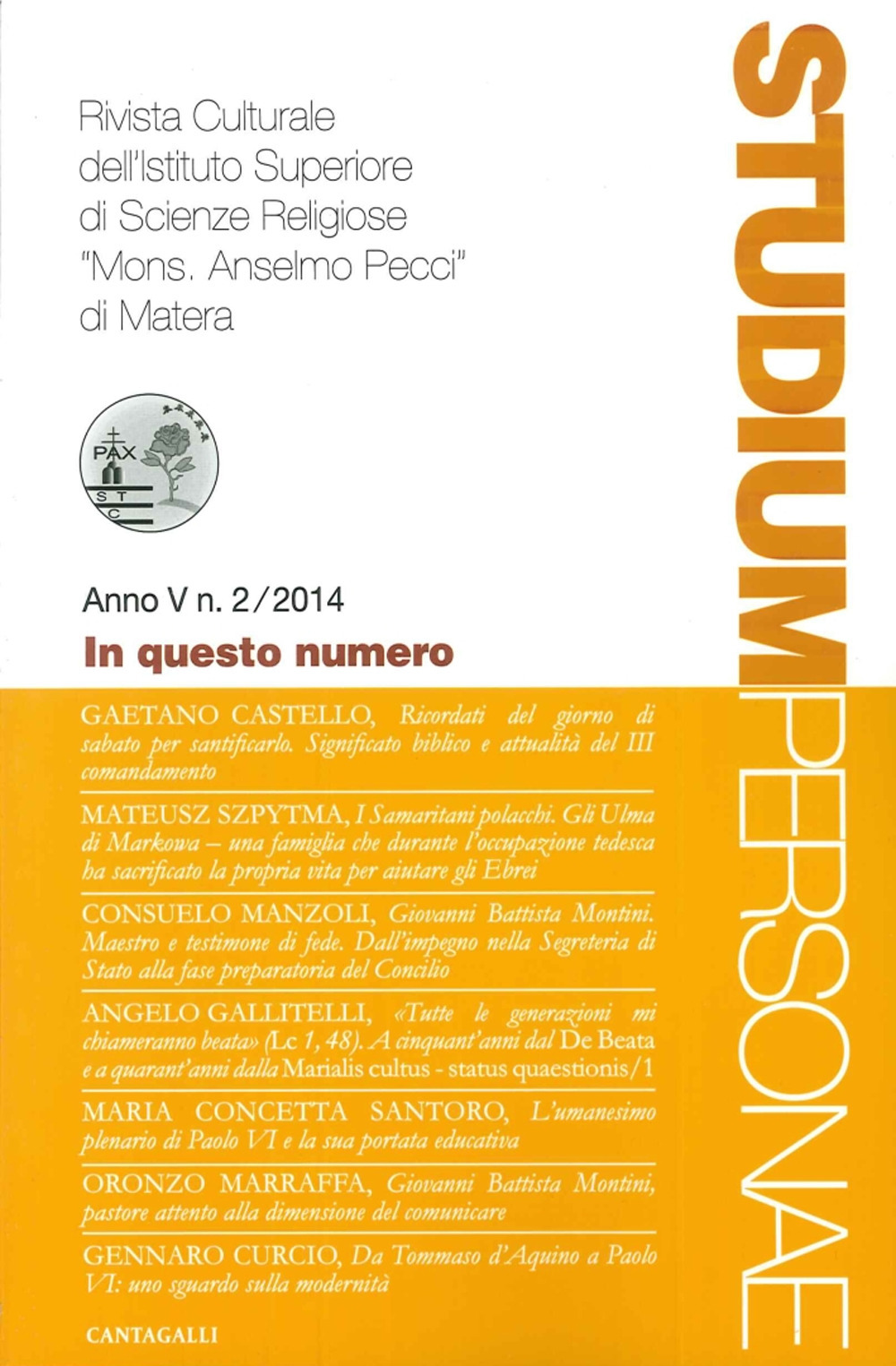 Studium personae. Rivista culturale dell'Istituto superiore di scienze religiose Mons. A. Pecci di Matera (2014). Vol. 2