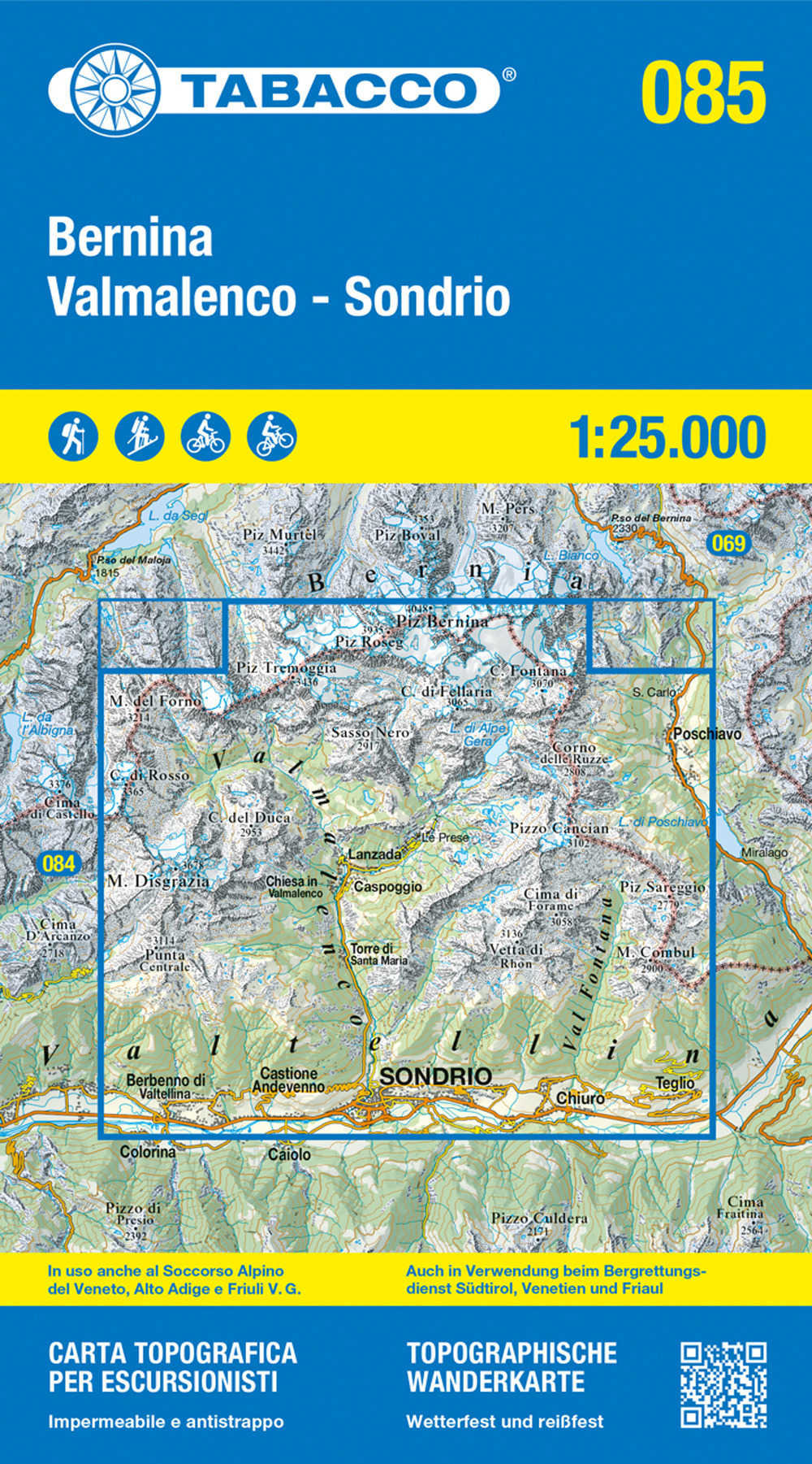 Bernina - Val Malenco - Sondrio. Carta topografica in scala 1:25.000, antistrappo, impermeabile, fotodegradabile. Ediz. multilingue