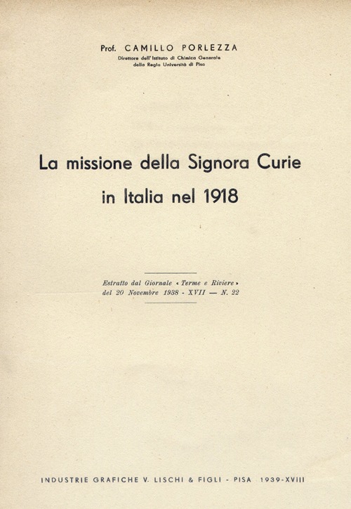 La missione della signora Curie in Italia nel 1918