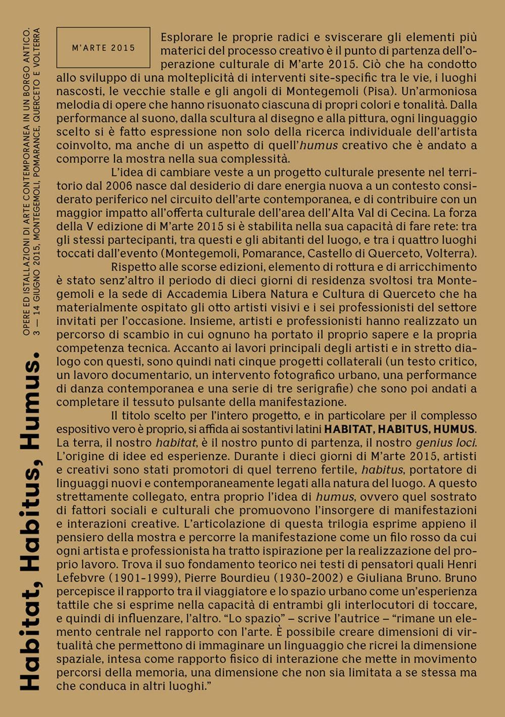 Habitat, Habitus, Humus. M'Arte 2015. Opere ed istallazioni di arte contemporanea in un borgo antico (Montegemoli-Pomarance-Querceto-Volterra, 3-14 Giugno 2015). Ediz. illustrata