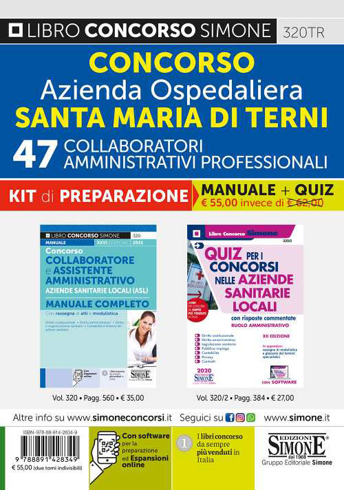 Concorso Azienda Ospedaliera Santa Maria di Terni. 47 collaboratori amministrativi professionali. Kit di preparazione. Manuale completo + Quiz con risposte commentate