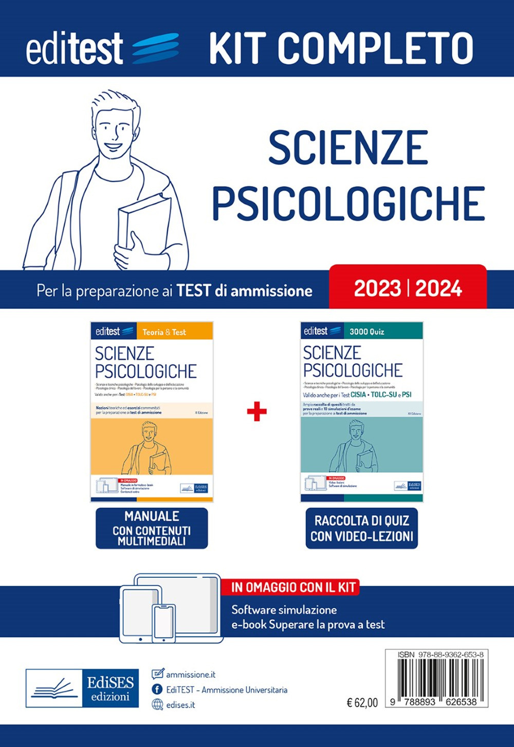 Kit completo EdiTEST ammissione Scienze psicologiche. Rivolto a tutti i candidati agli esami di ammissione in Scienze psicologiche (compresi TOLC-SU e TOLC-PSI). Con software di simulazione