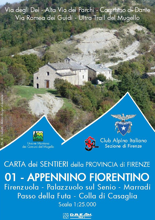 Carta dei sentieri della provincia di Firenze. Appennino Fiorentino. Firenzuola-Palazzuolo sul Senio-Marradi-Passo della Futa-Colla di Casaglia. Scala 1:25.000