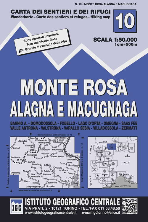 Carta n. 10 Monte Rosa, Alagna e Macugnaga 1:50.000. Carta dei sentieri e dei rifugi