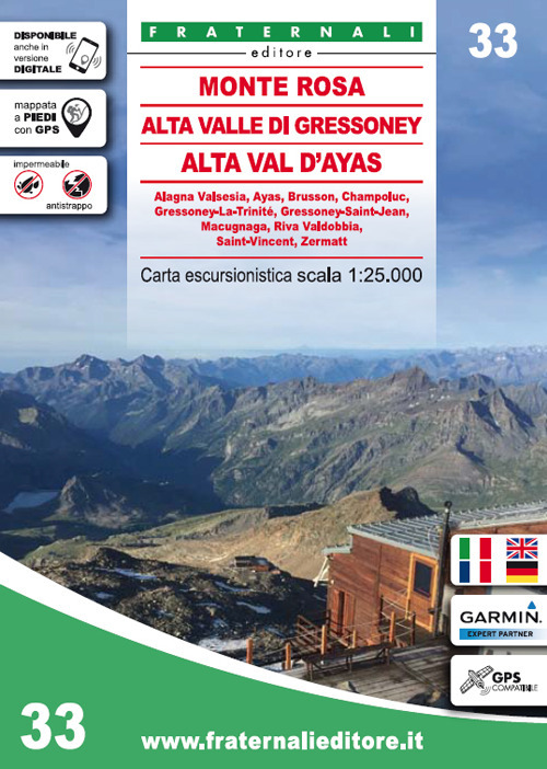 Carta n. 33. Monte Rosa, Alta Valle di Gressoney, Alta Val d'Ayas. Carta escursionistica 1:25.000