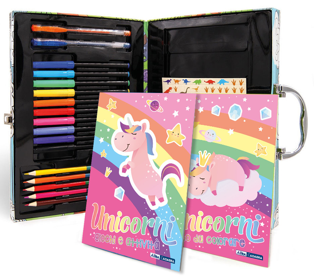 Unicorni. La mia valigetta creativa. Ediz. a colori. Con 5 matite colorate a doppia punta. Con 10 pennarelli. Con 2 penne in gel. Con 100 Adesivi
