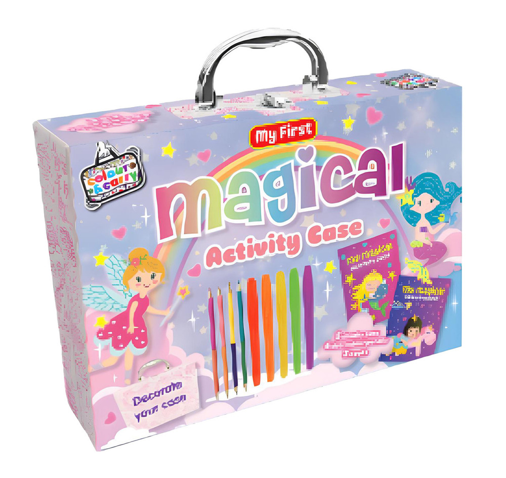 Valigetta delle creature magiche. Ediz. illustrata. Con 4 fogli stencil e fogli con silhouette. Con 4 penne gel, 4 pennarelli a doppia punta, 1 matita. Con 4 fogli sticker