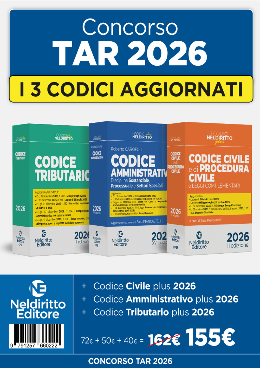 Concorso TAR 2026: Kit codici normativi Tributario, Amministrativo e Civile e di Procedura Civile 2026 per la prova scritta