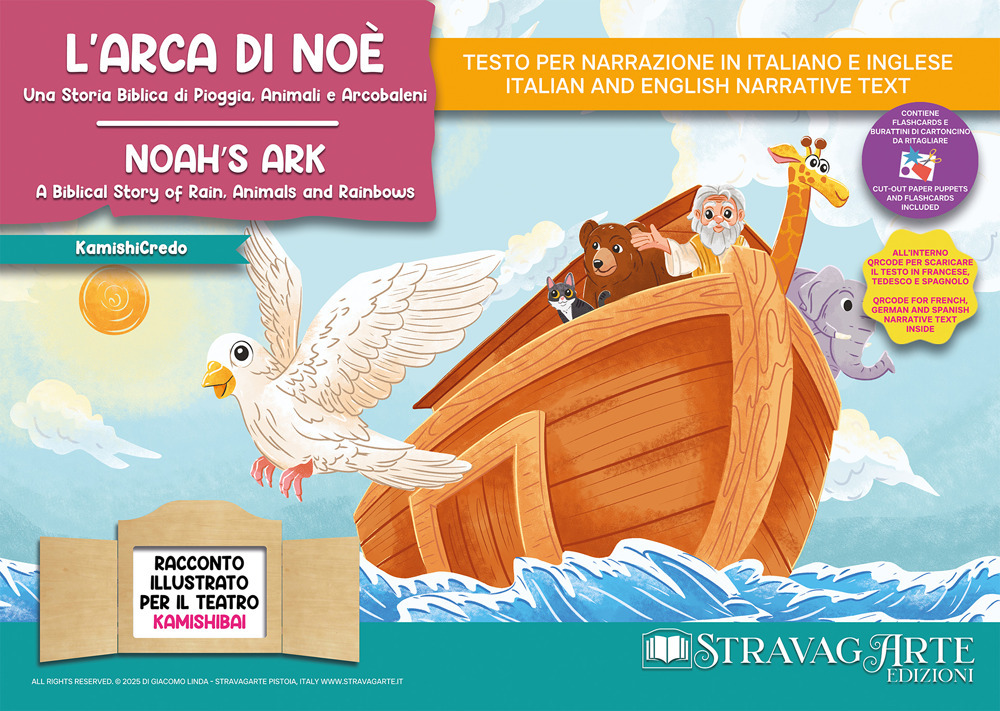 L'arca di Noè. Una storia biblica di pioggia, animali e arcobaleni. Storia kamishibai. Ediz. italiana e inglese. Con QR code per traduzioni (FR/DE/ES) e materiali didattici stampabili. Con burattini da ritagliare. Con flashcards